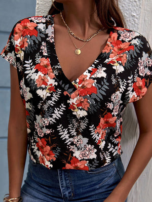 Elegant Loose T-shirt Ladies V Neck Short Sleeve Tops New Summer Women's Clothes Casual Pullover Print Tees Ethnic Women T Shirt