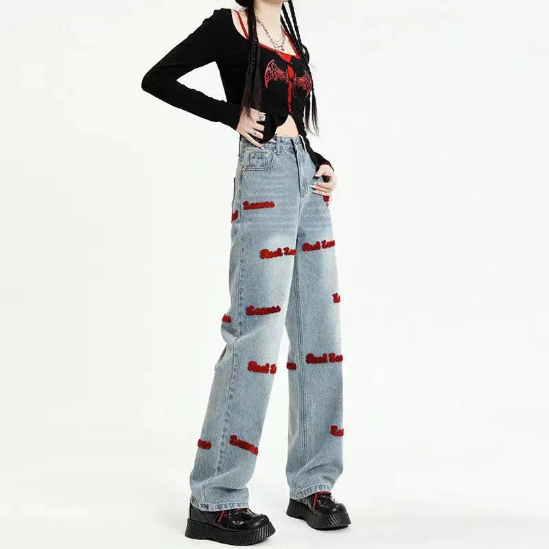 Letter Embroidery High Waisted Jeans Woman Clothing Street Vintage Hiphop Baggy Jeans Women Clothing Casual Straight Women Jeans