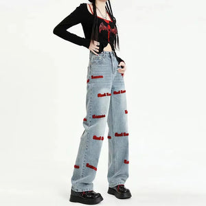 Letter Embroidery High Waisted Jeans Woman Clothing Street Vintage Hiphop Baggy Jeans Women Clothing Casual Straight Women Jeans