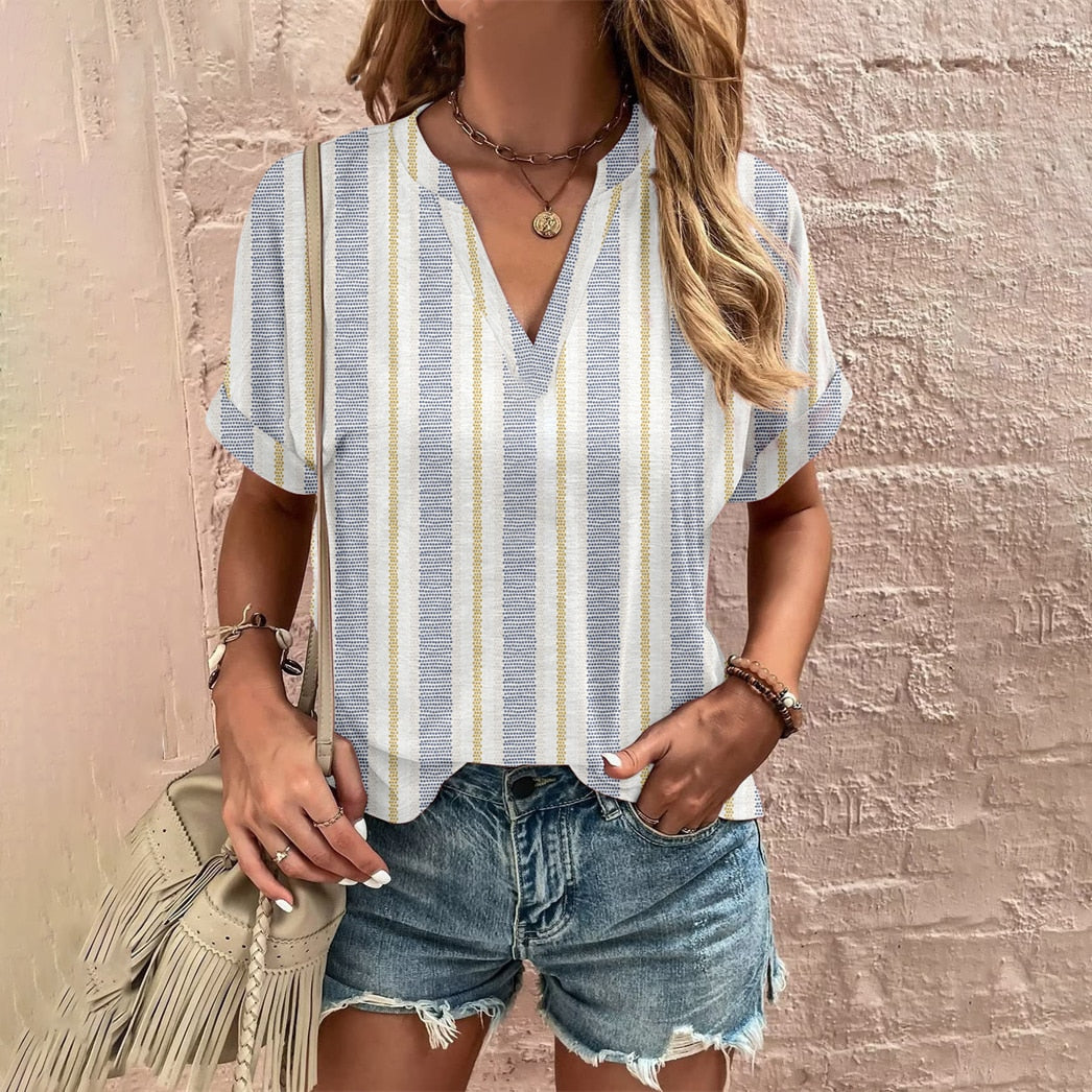 Elegant Loose T-shirt Ladies V Neck Short Sleeve Tops New Summer Women's Clothes Casual Pullover Print Tees Ethnic Women T Shirt