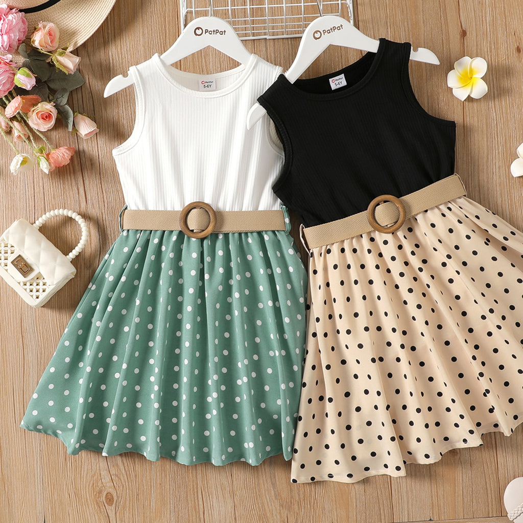 PatPat 2pcs Kid Girl Dresses Polka Dots Ribbed Girls Splice Sleeveless Dress & Belt