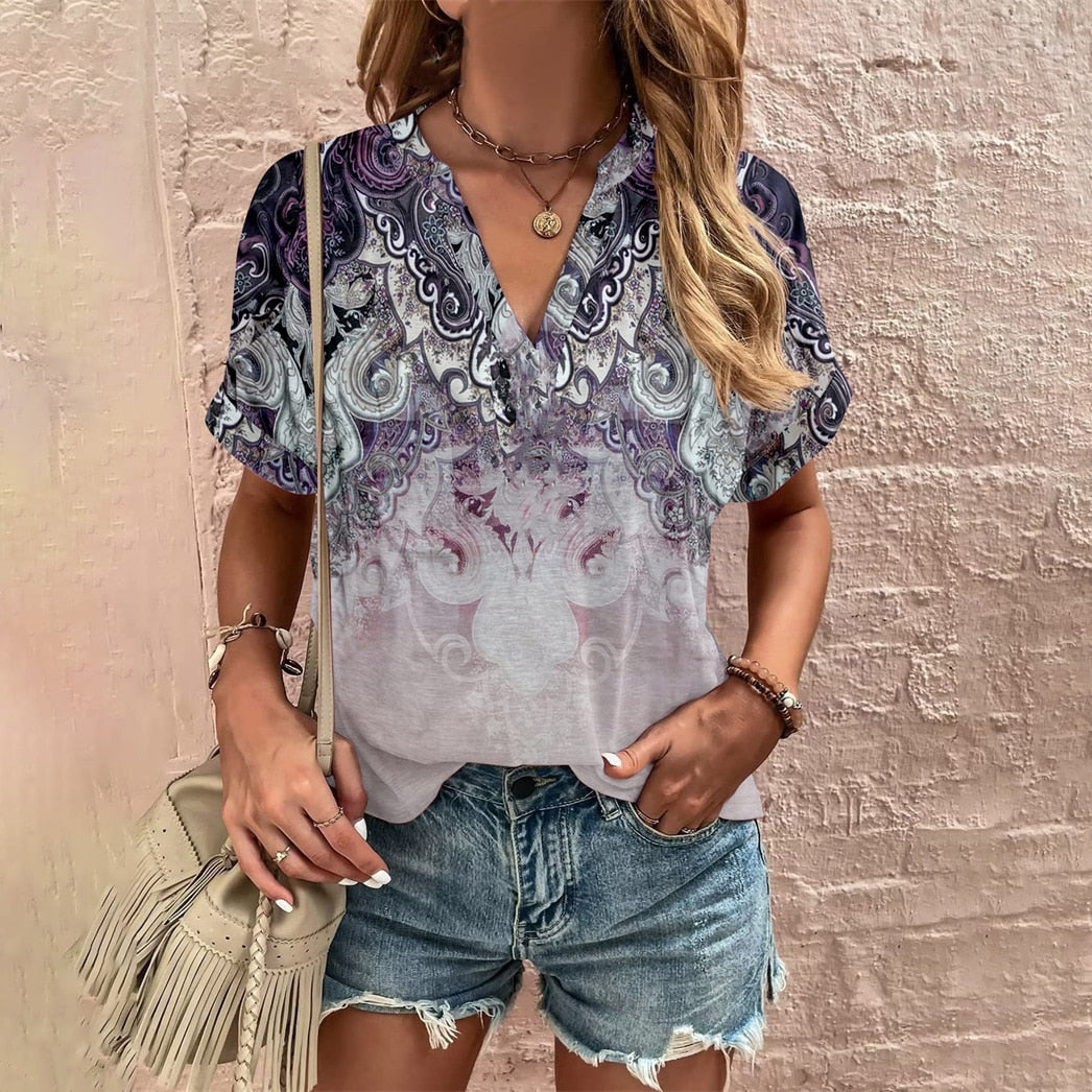 Elegant Loose T-shirt Ladies V Neck Short Sleeve Tops New Summer Women's Clothes Casual Pullover Print Tees Ethnic Women T Shirt