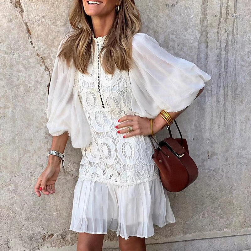 Women Clothing  Lace V Neck Short Sleeve Wrap Hip Dress Fashion Embroidered Button Party Dress White Beach Mini Dresses Vestidos