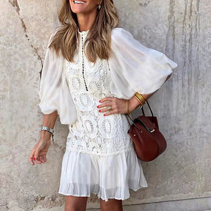 Women Clothing  Lace V Neck Short Sleeve Wrap Hip Dress Fashion Embroidered Button Party Dress White Beach Mini Dresses Vestidos