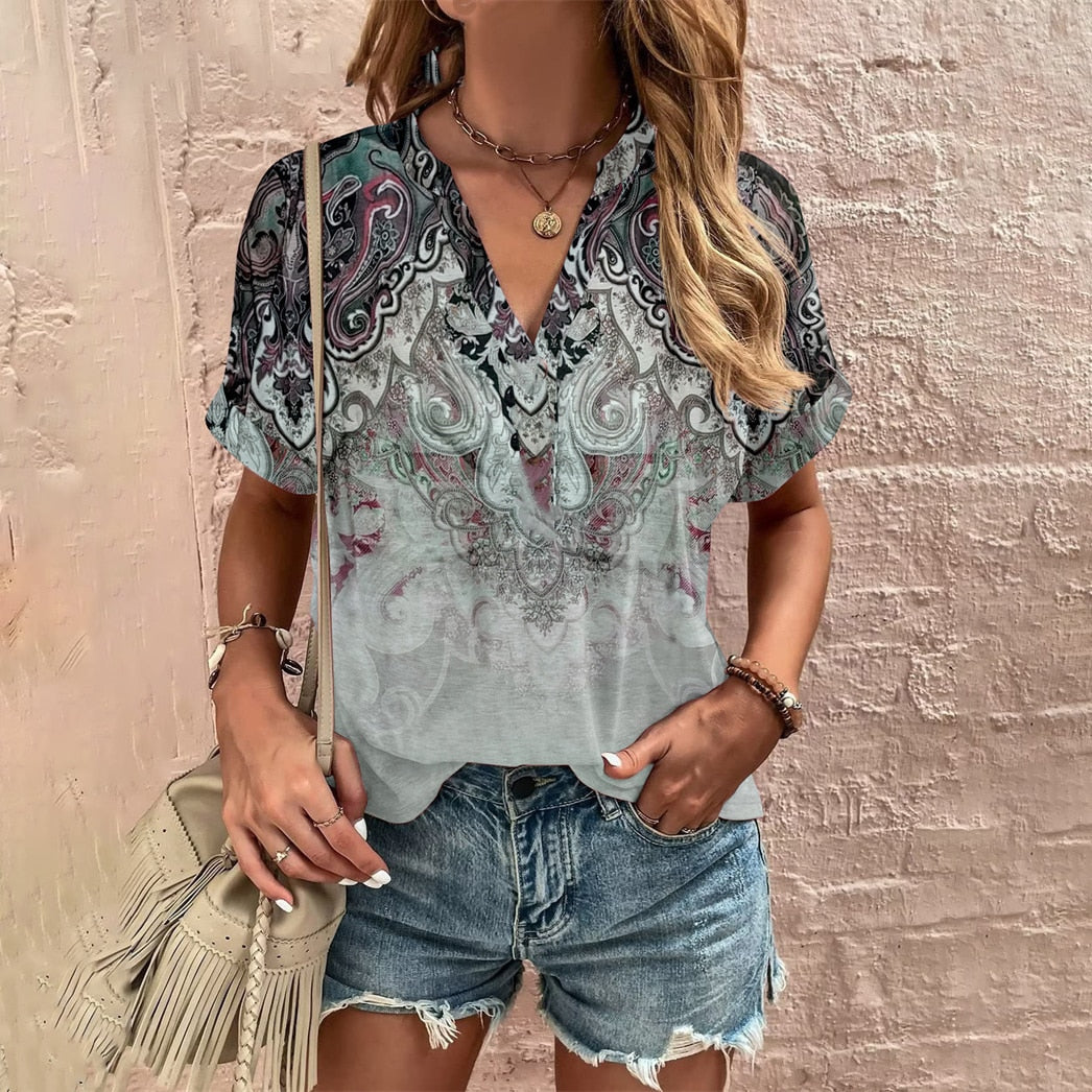 Elegant Loose T-shirt Ladies V Neck Short Sleeve Tops New Summer Women's Clothes Casual Pullover Print Tees Ethnic Women T Shirt
