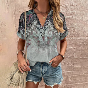 Elegant Loose T-shirt Ladies V Neck Short Sleeve Tops New Summer Women's Clothes Casual Pullover Print Tees Ethnic Women T Shirt