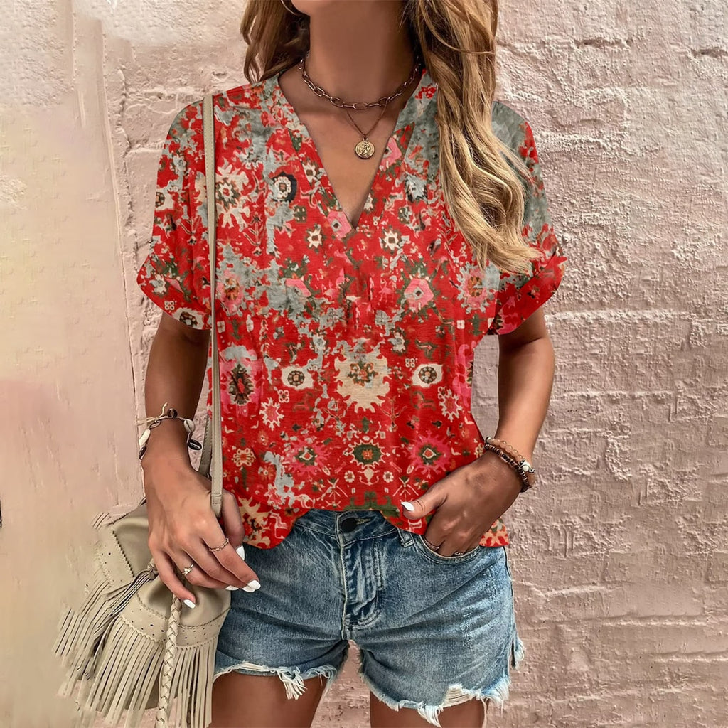 Elegant Loose T-shirt Ladies V Neck Short Sleeve Tops New Summer Women's Clothes Casual Pullover Print Tees Ethnic Women T Shirt