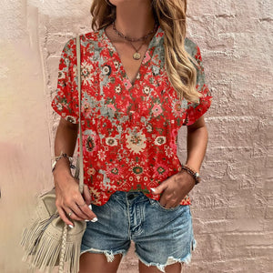 Elegant Loose T-shirt Ladies V Neck Short Sleeve Tops New Summer Women's Clothes Casual Pullover Print Tees Ethnic Women T Shirt