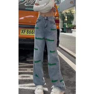 Letter Embroidery High Waisted Jeans Woman Clothing Street Vintage Hiphop Baggy Jeans Women Clothing Casual Straight Women Jeans