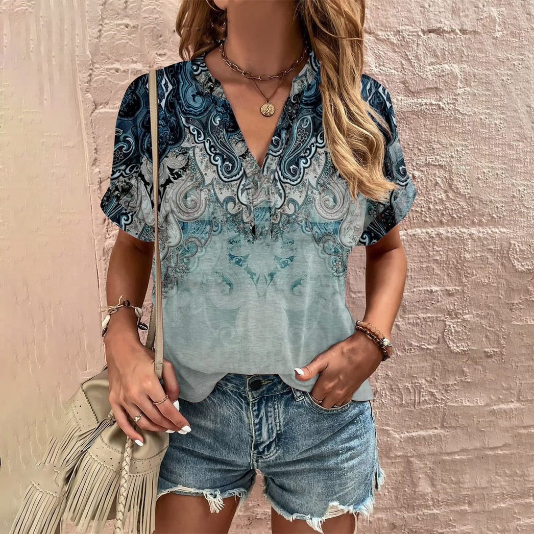 Elegant Loose T-shirt Ladies V Neck Short Sleeve Tops New Summer Women's Clothes Casual Pullover Print Tees Ethnic Women T Shirt