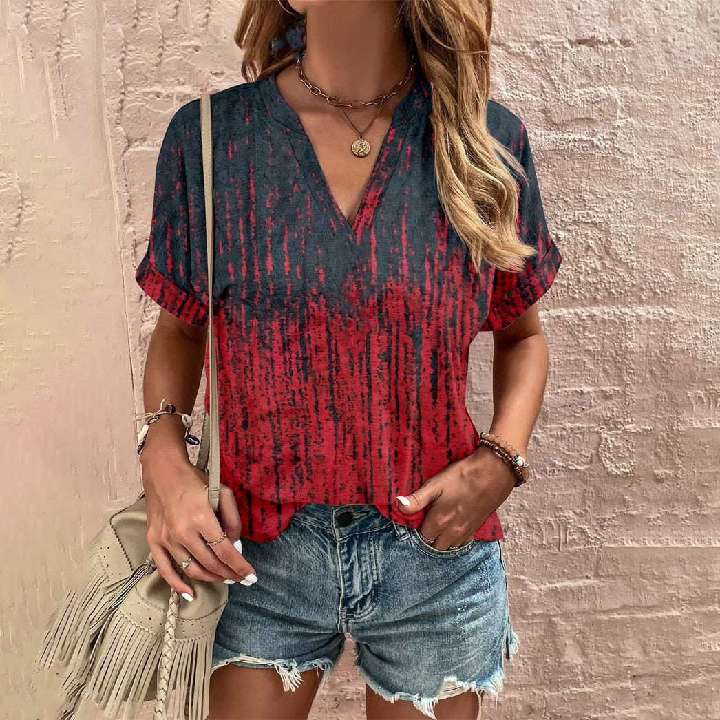 Elegant Loose T-shirt Ladies V Neck Short Sleeve Tops New Summer Women's Clothes Casual Pullover Print Tees Ethnic Women T Shirt