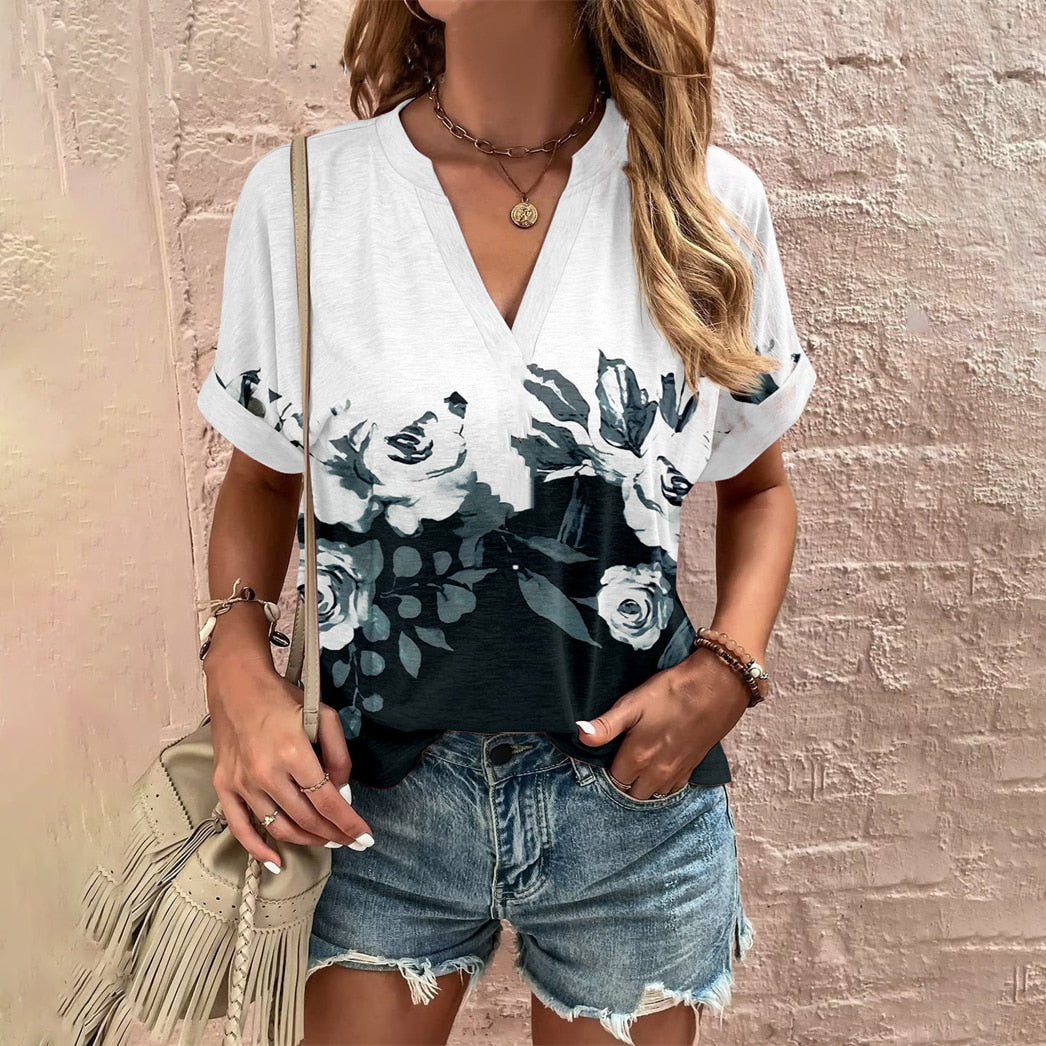 Elegant Loose T-shirt Ladies V Neck Short Sleeve Tops New Summer Women's Clothes Casual Pullover Print Tees Ethnic Women T Shirt