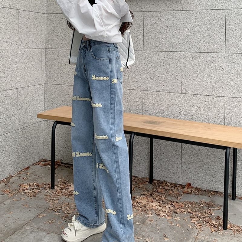 Letter Embroidery High Waisted Jeans Woman Clothing Street Vintage Hiphop Baggy Jeans Women Clothing Casual Straight Women Jeans