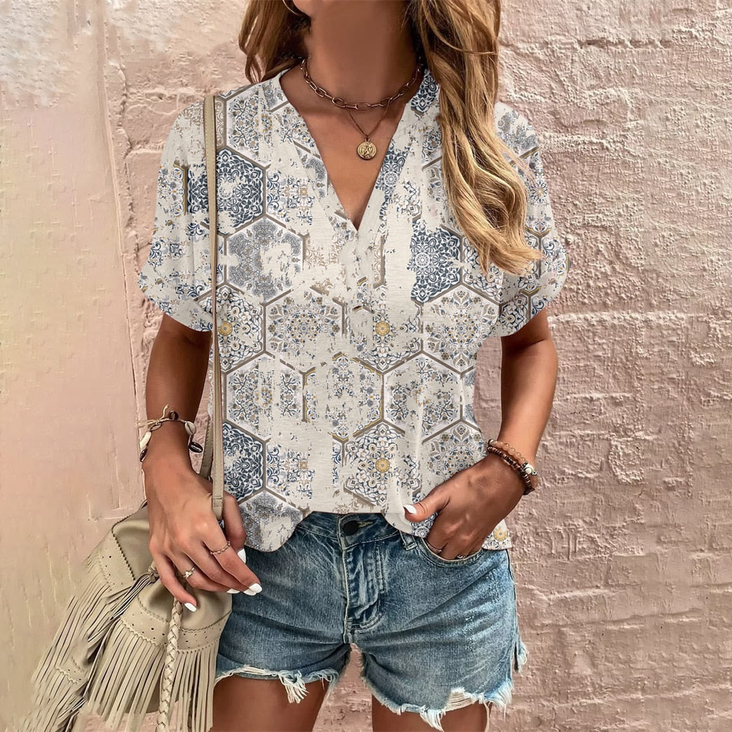 Elegant Loose T-shirt Ladies V Neck Short Sleeve Tops New Summer Women's Clothes Casual Pullover Print Tees Ethnic Women T Shirt