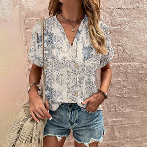 Elegant Loose T-shirt Ladies V Neck Short Sleeve Tops New Summer Women's Clothes Casual Pullover Print Tees Ethnic Women T Shirt