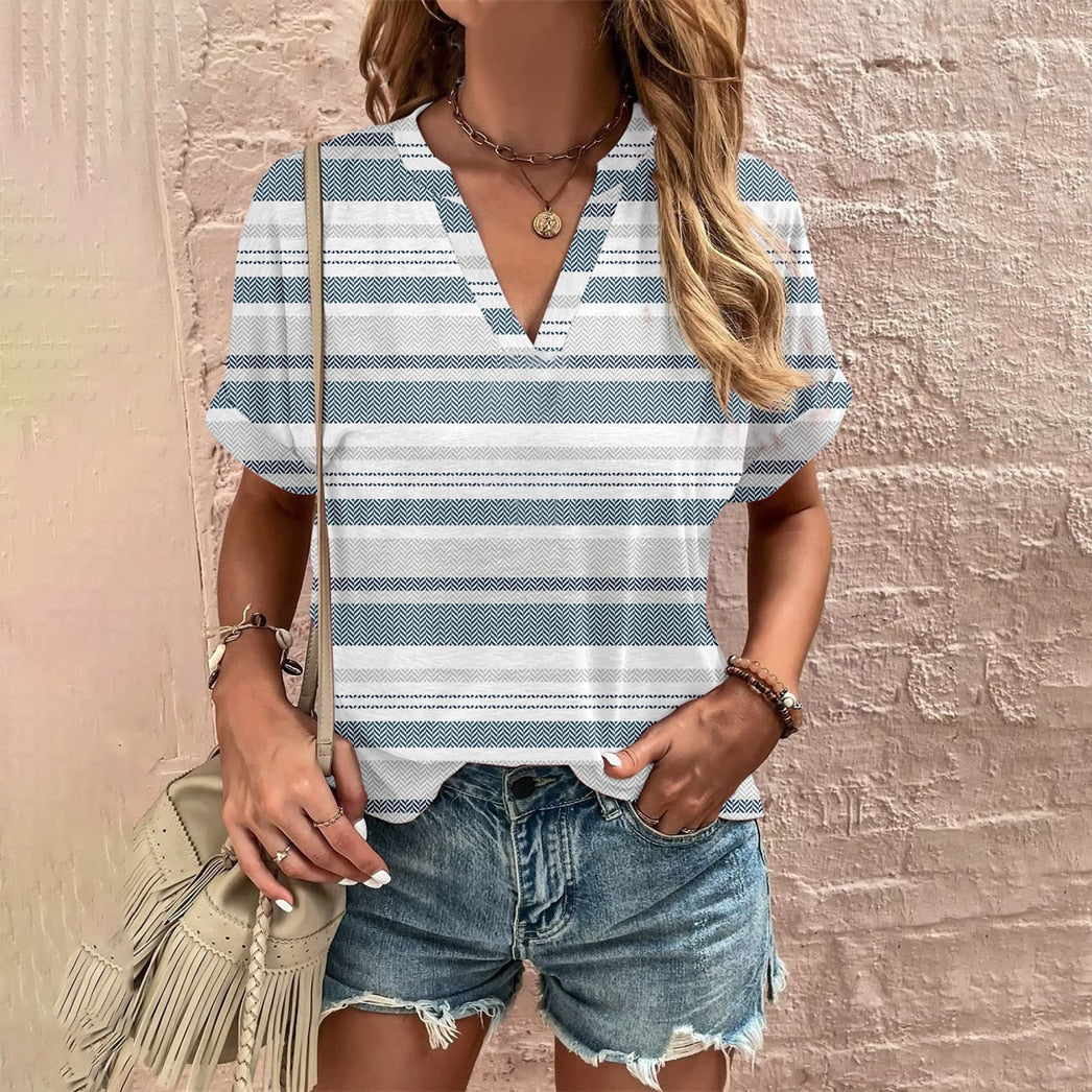 Elegant Loose T-shirt Ladies V Neck Short Sleeve Tops New Summer Women's Clothes Casual Pullover Print Tees Ethnic Women T Shirt