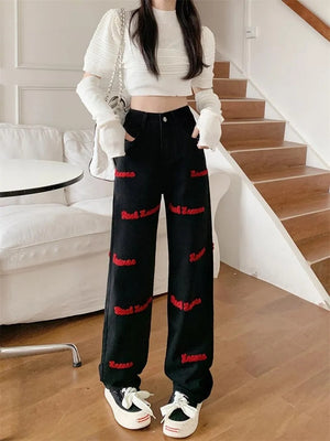 Letter Embroidery High Waisted Jeans Woman Clothing Street Vintage Hiphop Baggy Jeans Women Clothing Casual Straight Women Jeans