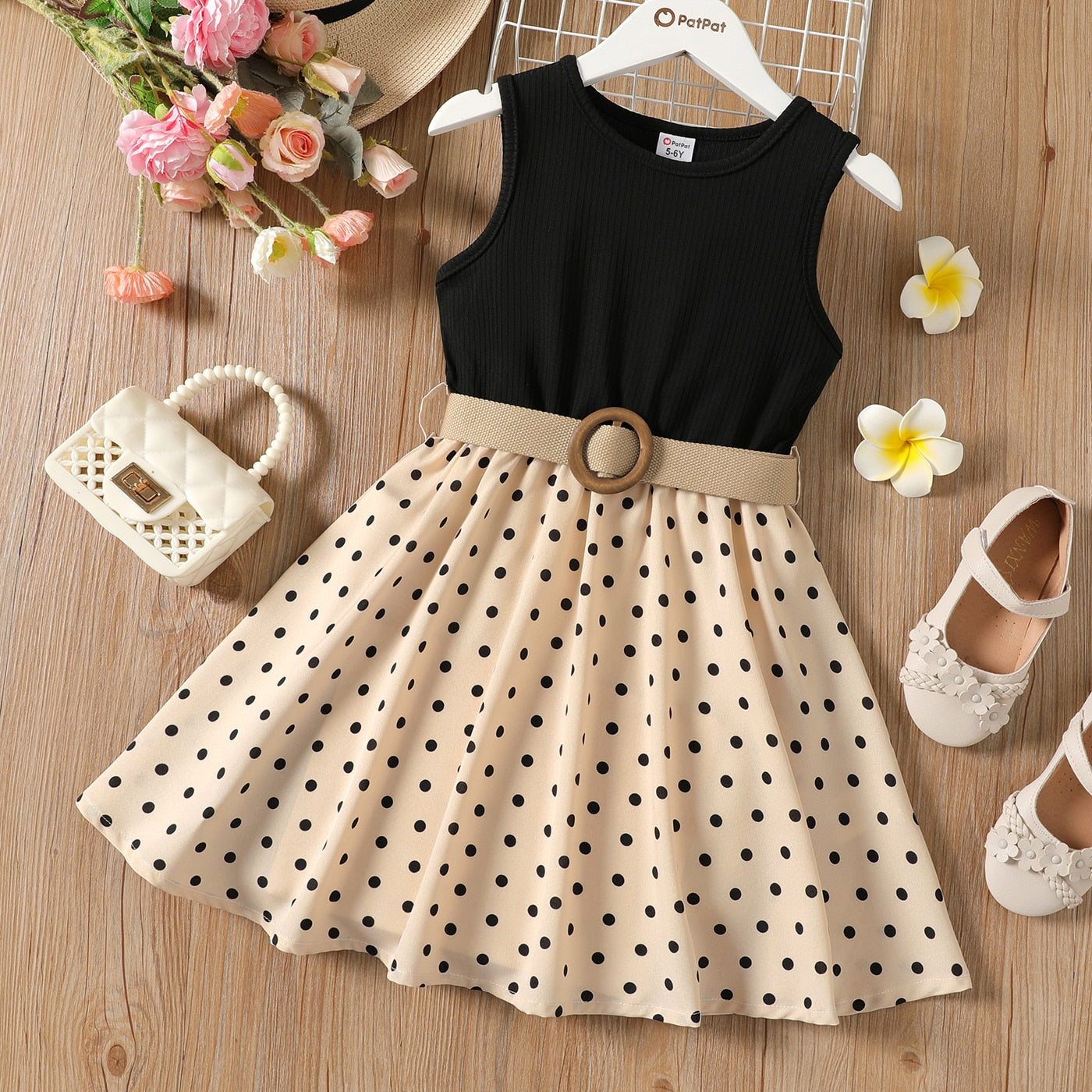 PatPat 2pcs Kid Girl Dresses Polka Dots Ribbed Girls Splice Sleeveless Dress & Belt
