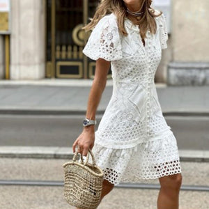 Women Clothing  Lace V Neck Short Sleeve Wrap Hip Dress Fashion Embroidered Button Party Dress White Beach Mini Dresses Vestidos