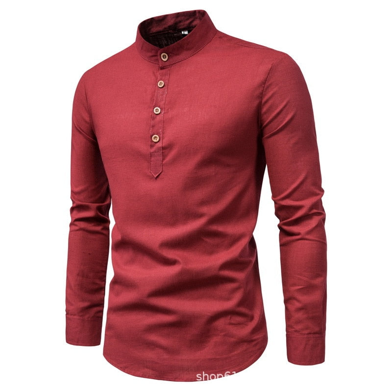 European and American Men's Wear 2023 Spring New Men's Solid Color Long Sleeve Casual Slim Fit Mock Neck Shirt Men's Shirt
