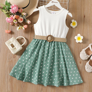 PatPat 2pcs Kid Girl Dresses Polka Dots Ribbed Girls Splice Sleeveless Dress & Belt