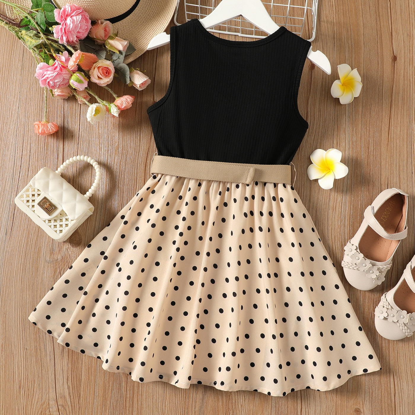 PatPat 2pcs Kid Girl Dresses Polka Dots Ribbed Girls Splice Sleeveless Dress & Belt