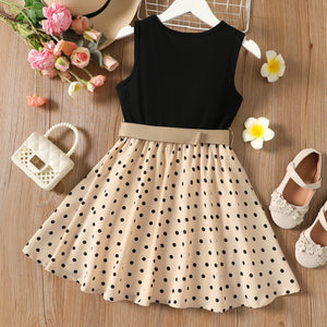 PatPat 2pcs Kid Girl Dresses Polka Dots Ribbed Girls Splice Sleeveless Dress & Belt