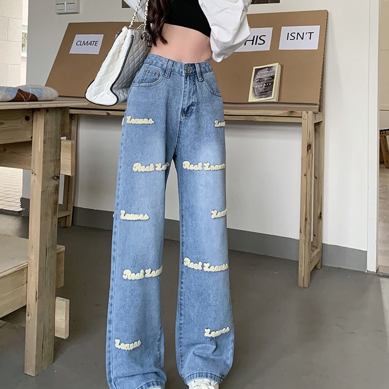 Letter Embroidery High Waisted Jeans Woman Clothing Street Vintage Hiphop Baggy Jeans Women Clothing Casual Straight Women Jeans