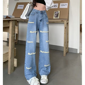 Letter Embroidery High Waisted Jeans Woman Clothing Street Vintage Hiphop Baggy Jeans Women Clothing Casual Straight Women Jeans
