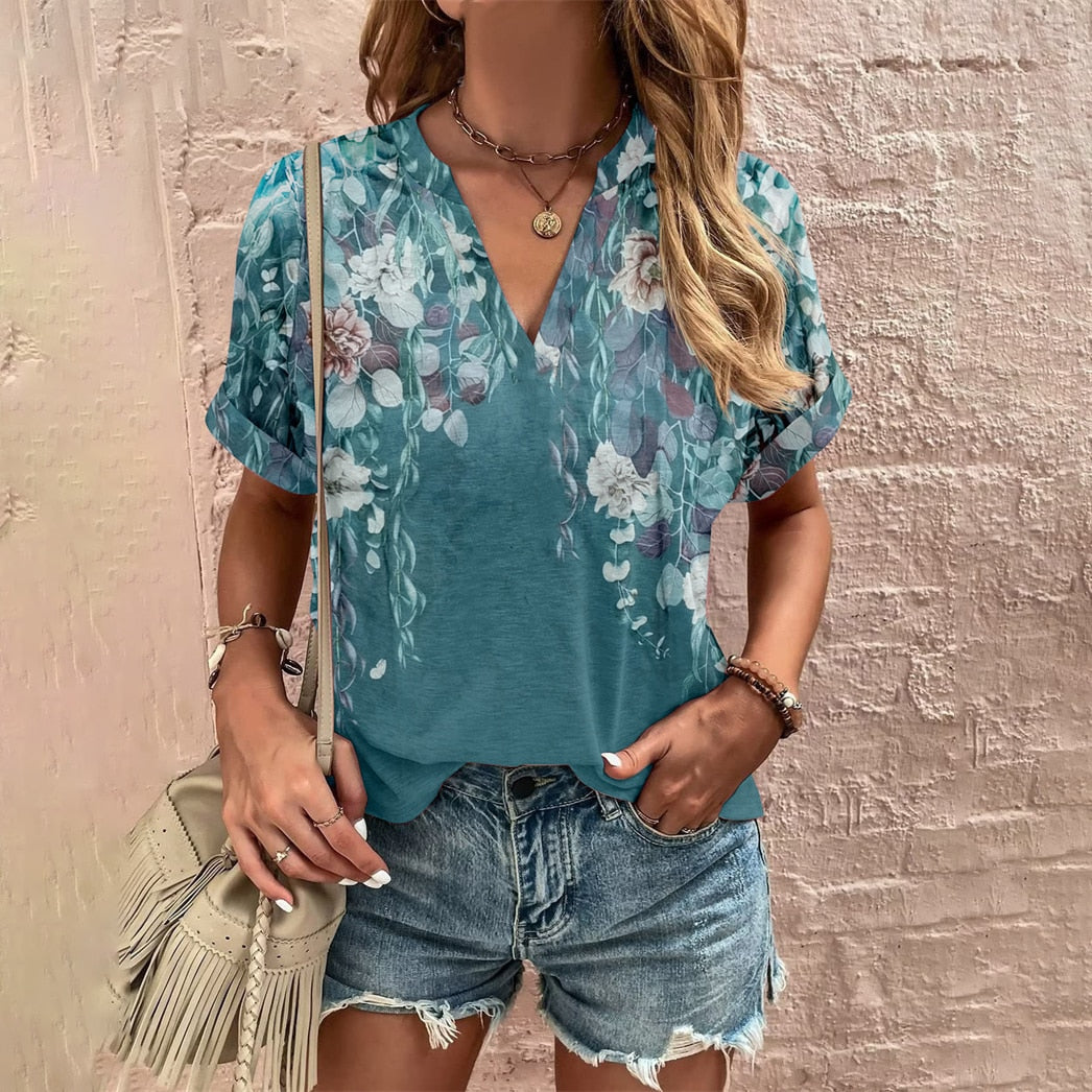 Elegant Loose T-shirt Ladies V Neck Short Sleeve Tops New Summer Women's Clothes Casual Pullover Print Tees Ethnic Women T Shirt